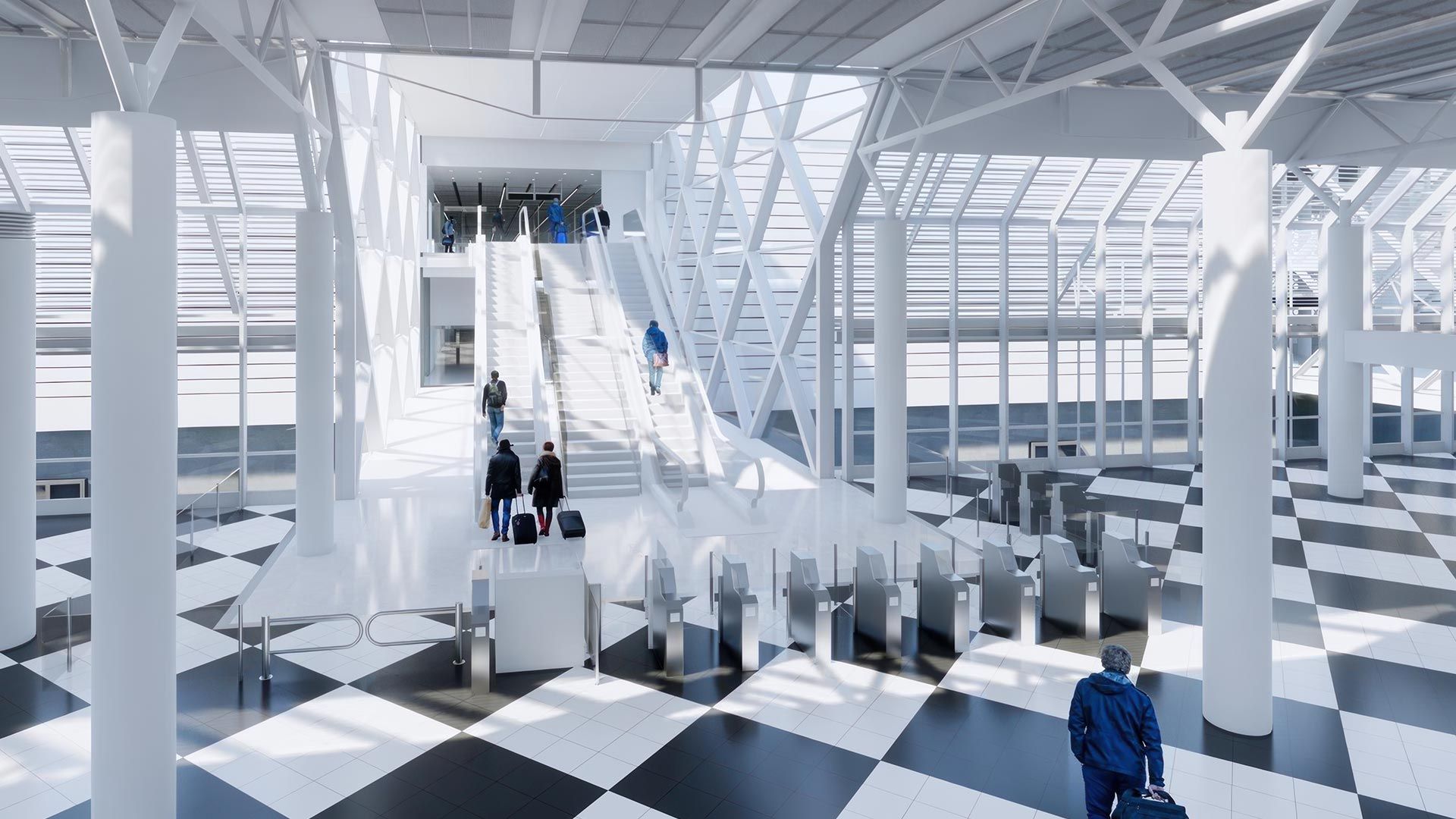 Das in drei Ebenen unterteilte Bauwerk grenzt an das Terminal 1 an und ist mit den heutigen Modulen A und B über Brücken direkt verbunden.